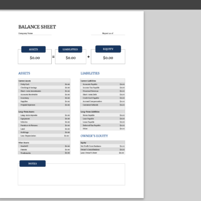The balance sheet in the print settings window, ready to print on one page.